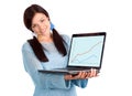 Brunette showing laptop with graph