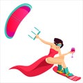 brunette in a chic red dress with a glass of wine in her hand is driven by a board and a sail - Kitesurfing or extreme