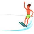 Brunette tanned man waterskiing in beautiful ocean