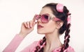 Brunette teen girl with two french braids from pink kanekalon, f Royalty Free Stock Photo