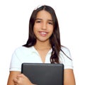 Brunette teen student indian latin holding laptop Royalty Free Stock Photo