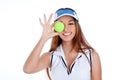 Brunette tennis girl white dress and sun visor cap Royalty Free Stock Photo