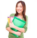 Brunette with textbooks. studio white background