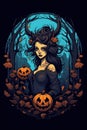 Brunette vampire woman, Halloween conception. Beautiful illustration picture. Generative AI