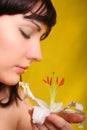 Brunette with white lily flowers