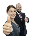 Brunette woman and beard business man thumb up