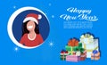 Brunette woman face avatar red hat happy new year merry christmas concept present gift box decoration flat female