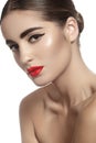 Brunette woman with glamour red lips make-up, clean skin Royalty Free Stock Photo