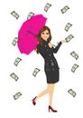 Brunette woman holding big purple umbrella Royalty Free Stock Photo