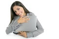 Brunette woman hug laptop computer Royalty Free Stock Photo