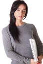 Brunette woman hug laptop computer Royalty Free Stock Photo