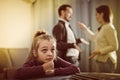 Brunette woman and man arguing with each other