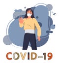 Brunette woman in medical mask call to stop spreading coronavirus, world epidemy of covid19