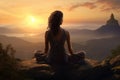 Brunette woman meditates, doing Yoga, sitting against backdrop of nature, mountains. Zen Buddhism. Sunset. Wellness and Royalty Free Stock Photo