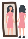 Woman near Mirror Trying on Dress Vector Image