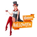 Brunette woman sitting with glass of wine in Dracula vampire Halloween costume and fangs. Cartoon style vector