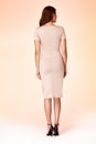 Brunette woman skinny business style dress beige color perf