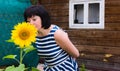 Brunette Woman sunflowers Royalty Free Stock Photo