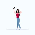 Brunette woman taking selfie photo on smartphone camera casual female cartoon character posing white background flat