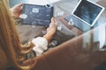 brunette woman using smart phone and digital tablet computer on Royalty Free Stock Photo