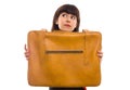 Brunette woman with vintage suitcase isolated Royalty Free Stock Photo