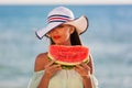 Brunette woman watermelon sea Royalty Free Stock Photo