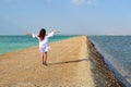 the brunette woman in white dress standing on pier with her hands up against the background of the Dead Sea Royalty Free Stock Photo