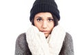Brunette woman with a woolen hat a sweater and gloves that has cold Royalty Free Stock Photo