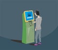 Brunette young guy uses payment terminal, interactive kiosk, vector design