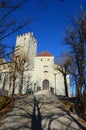 Brunico castle in winter time, sunny day, Bruneck in Puster Valley, South Tyrol, Italy.