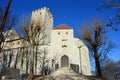 Brunico castle in winter time, sunny day, Bruneck in Puster Valley, South Tyrol, Italy