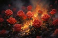 burning red roses in the garden, broken heart concept, ai generated Royalty Free Stock Photo