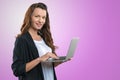 Brunnete woman holding laptop Royalty Free Stock Photo