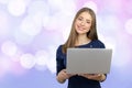 Brunnete woman holding laptop Royalty Free Stock Photo