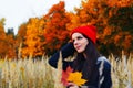 Brunnette caucasian woman in red hat holding maple leaves and smiling. Outdoor autumn portrait