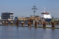 Brunsbuettel - Freighter at departure of lockage Royalty Free Stock Photo