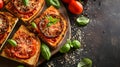 Bruschetta, antipasto appetizer. Hot and crispy bread with tomatoes and parmesan cheese Royalty Free Stock Photo