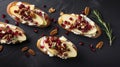 Bruschetta with apple, pomegranate and cheese on a black background Generative AI