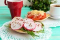 Bruschetta with arugula, radish and flax seeds. Easy vegan breakfast