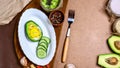 Bruschetta with avocado baked with egg. Fitness food. Superfoods. green fresh vegetables. copy space, top view Royalty Free Stock Photo