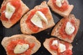 Bruschetta baked italian food with tomato mozzarella cheese origan salt oil origan
