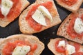 Bruschetta baked italian food with tomato mozzarella cheese origan salt oil origan