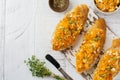 Bruschetta with baked pumpkin, feta cheese and thyme on light wooden background. Spicy pumpkin sandwich. Selective focus. Top view