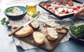 Bruschetta with Baked tomato and garlic close up