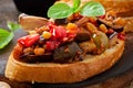 Bruschetta caponata with raisins and pine nuts Royalty Free Stock Photo