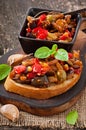 Bruschetta caponata with raisins and pine nuts Royalty Free Stock Photo