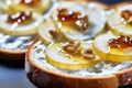 Bruschetta with caramelized pears and cheese, delicious crostini for gourmet breakfast, brunch or lunch Royalty Free Stock Photo