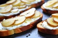 Bruschetta with caramelized pears and cheese, delicious crostini for gourmet breakfast, brunch or lunch Royalty Free Stock Photo