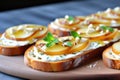 Bruschetta with caramelized pears and cheese, delicious crostini for gourmet breakfast, brunch or lunch Royalty Free Stock Photo