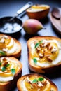 Bruschetta with caramelized pears and cheese, delicious crostini for gourmet breakfast, brunch or lunch Royalty Free Stock Photo